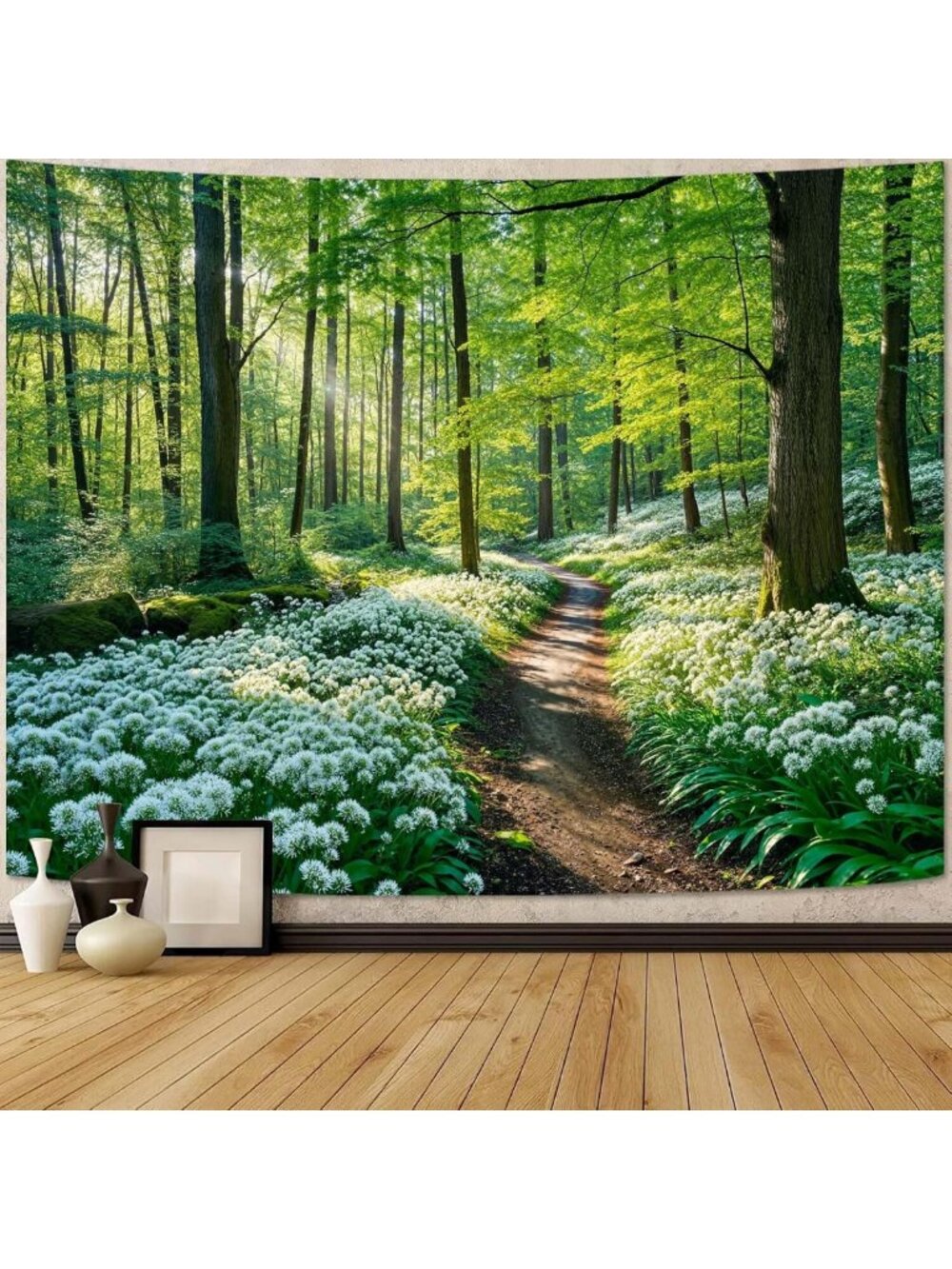 Large Nature Forest Tapestry - Green Tree & White Flower Wall Art for Aesthetic